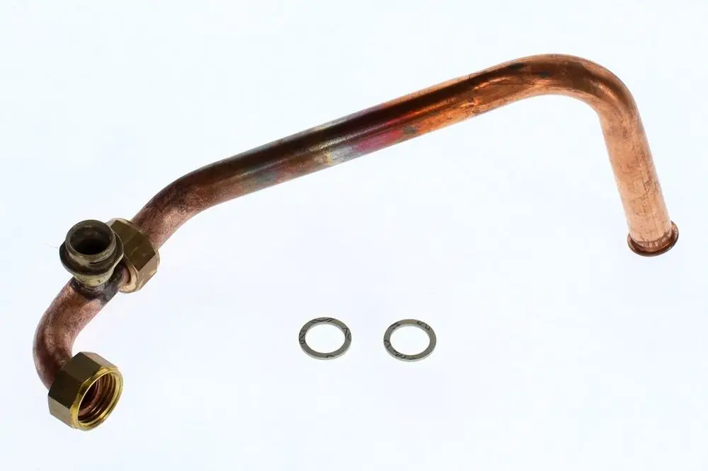 Verbindungsrohr aus Kupfer mit zwei Fittings und Dichtungen, geeignet für Heizungsanwendungen, hergestellt von Bosch.